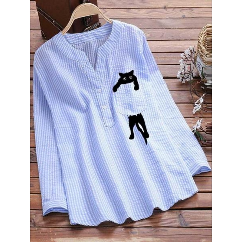Women's Shirt Striped Stylish Casual 3/4 Length Sleeve V Neck Regular Tops Daily Buttons Print Black Pink Sky Blue Summer Spring Fall2