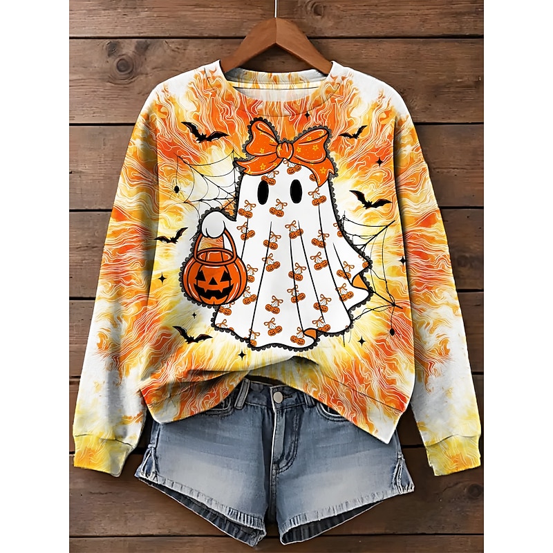 Halloween Women's Pullover Sweatshirt Ghost Graphic Fashion Casual Long Sleeve Crew Neck Regular Tops Street Dailywear Casual Print Black Yellow Purple Orange Fall Winter3