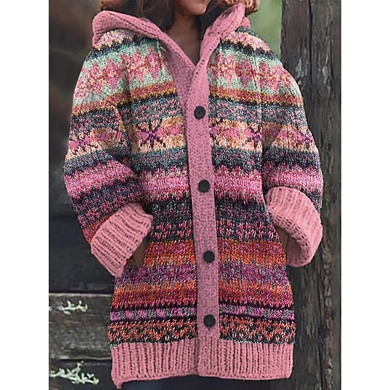 Women's Cardigan Vacation Vintage Geometric Color Block Ribbed Hooded Knitted Print Front Pocket Long Sleeve Regular Tops Knit Outdoor Daily Holiday Yellow Pink Fall Winter2