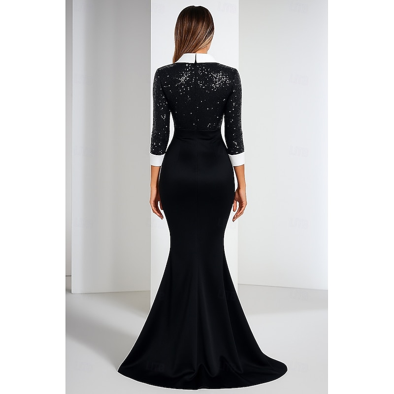 Tuxedo Dress Mermaid / Trumpet Mermaid Formal Wedding Wedding Guest Satin Sequin Elegant Long Sleeve Floor Length Notched Lapels2