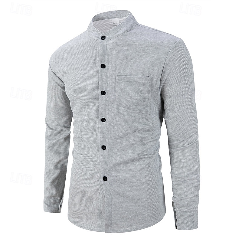 Men's Shirt Summer Shirt Casual Shirt Beach Shirt Button Up Shirt Black White Wine Dark Green khaki Long Sleeve Plain Band Collar Vacation Hawaiian Pocket Clothing Apparel Polyester Fashion Casual3