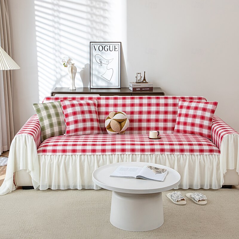 Unprinted Patterned Skirt Edge Sofa Towel, Elegant and Simple Anti-Slip Dustproof Couch Cover, Fashionable Slipcover for 1-4 Cushion Sofas and L-Shaped Sofas, Easy to Install