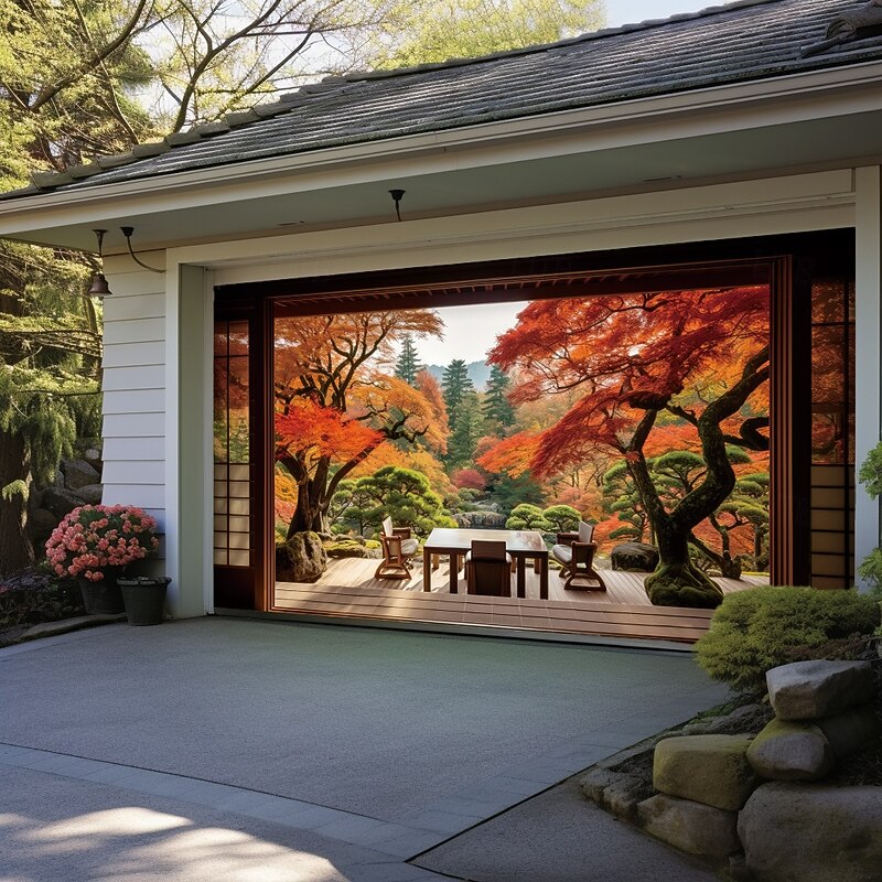 Garage Door Cover Large Hanging Backdrop Forest Rustic Cottagecore 3D Party Outdoor Shooting Backgrounds Front Door Home Decor3