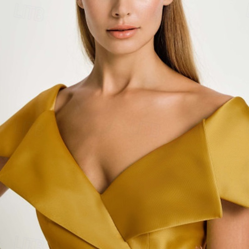 A-Line Evening Gown Elegant Dress Wedding Guest Floor Length Short Sleeve V Neck Pocket Satin with Rhinestone3