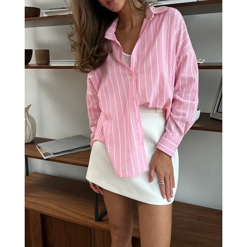 Women's Shirt Blouse Striped Modern Casual Long Sleeve Shirt Collar Regular Tops Daily Holiday Going out Buttons Pink Dusty Blue Light Blue Fall4