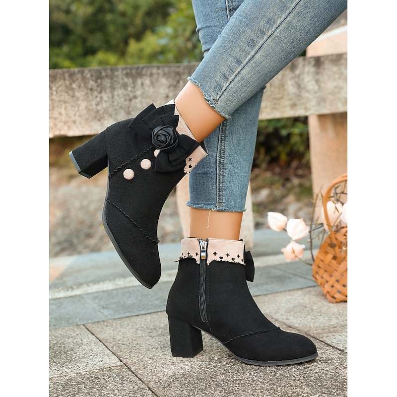 Women's Boots Chelsea Boots Daily Floral Booties Ankle Boots Flower Chunky Heel Pointed Toe Bohemia Suede Zipper Black3