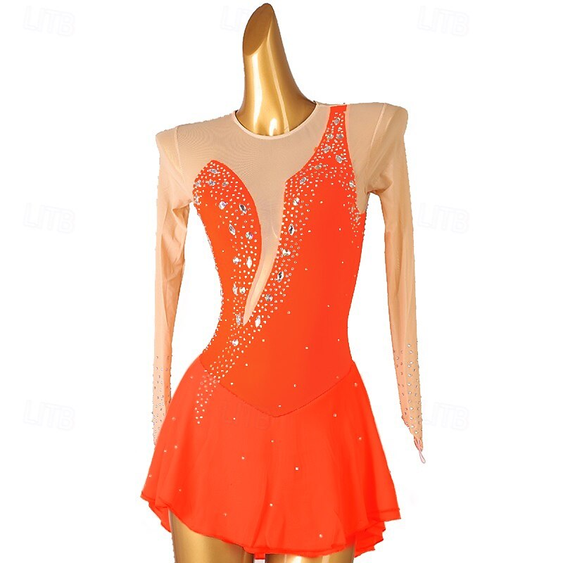 Figure Skating Dress Women's Girls' Ice Skating Dress Orange Rose Red Patchwork Open Back Mesh High Elasticity Training Competition Skating Wear Classic Crystal / Rhinestone Long Sleeve Ice Skating3