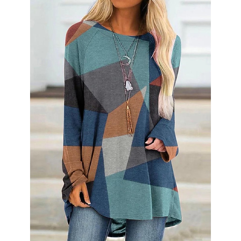 Women's T Shirt Graphic Color Block Vintage Stylish Casual Long Sleeve Crew Neck Regular Tops Daily Print White Red Blue Gray Spring Fall2