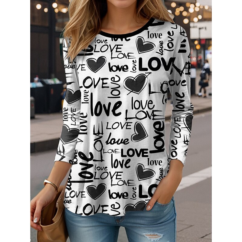 Women's T Shirt Graphic Letter Abstract Vintage Fashion Stylish Long Sleeve Crew Neck Regular Tops Daily Print Black White Red Spring Fall3
