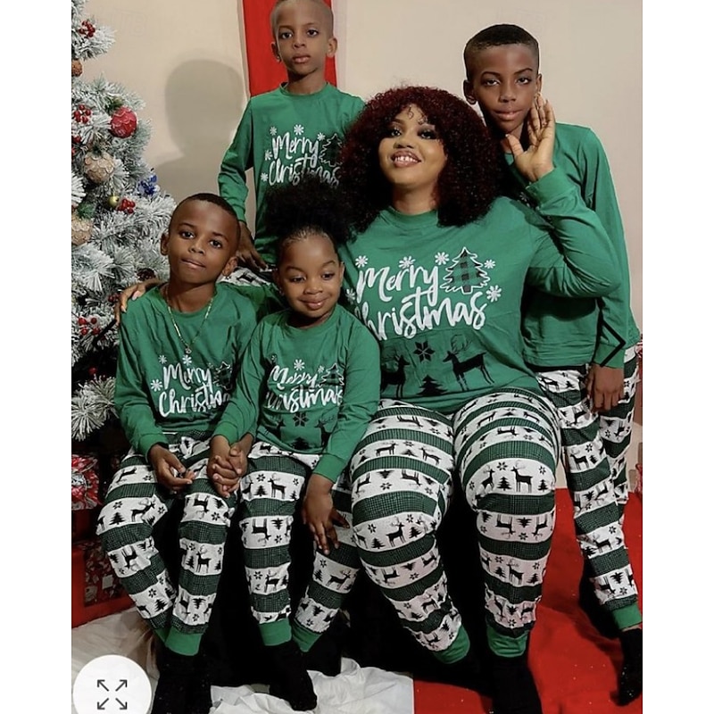 Family Pajamas Christmas Pattern Home Print Deep Green Long Sleeve Active Matching Outfits