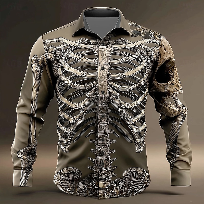 Halloween Men's Optical Illusion Skeleton Shirt Button Up Shirt Long Sleeve Dark Punk Gothic Style Outdoor Holiday Summer Spring Turndown 3D Print Collared Shirts White+Black Black Brown3