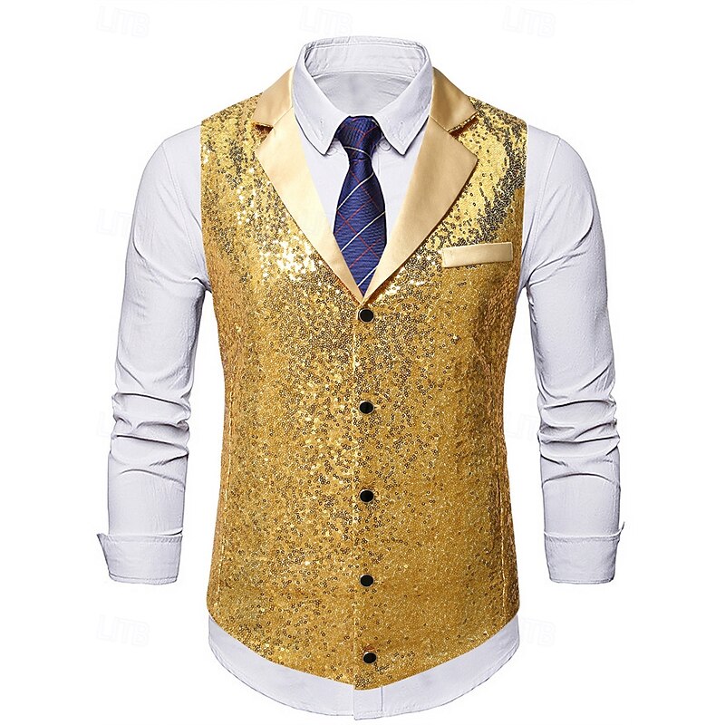 Men's Vest Waistcoat Gilet Vacation Party Business Fashion Casual Spring Fall Pocket Buttons Sequin Polyester Comfortable Plain Single Breasted One-button Lapel Regular Fit Gold Vest2