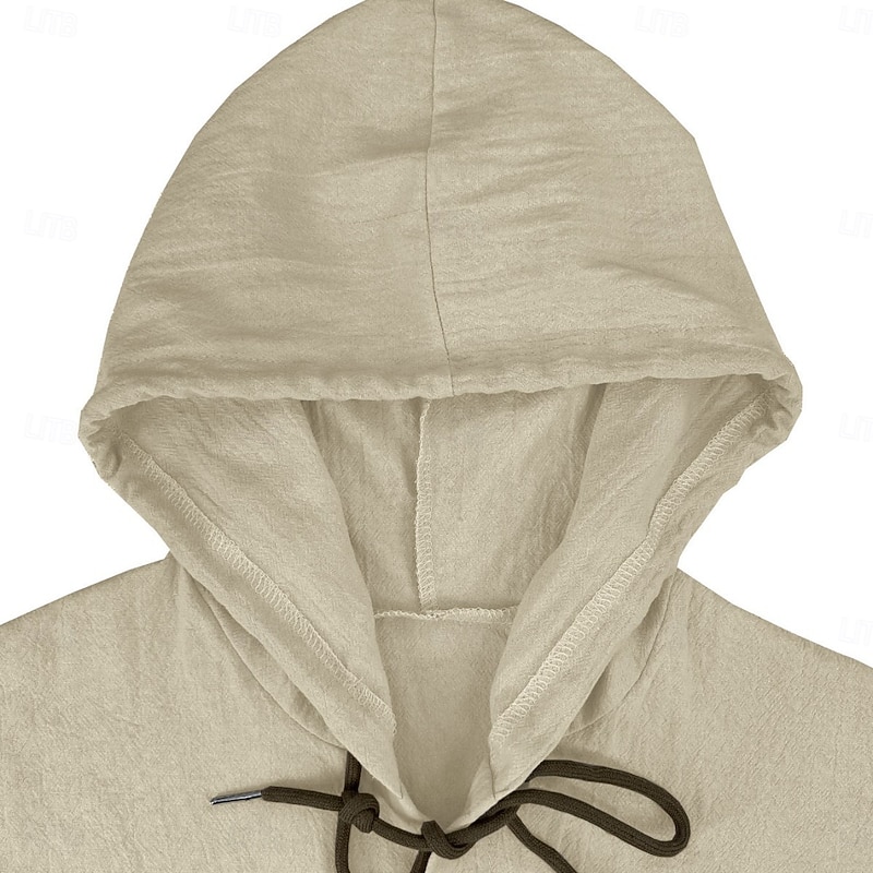 Men's Shirt Linen Shirt Summer Shirt Beach Wear Hooded Shirt Solid Color Vacation Holiday Black White Blue Khaki Long Sleeve Hooded Summer Spring Clothing Apparel Pocket3