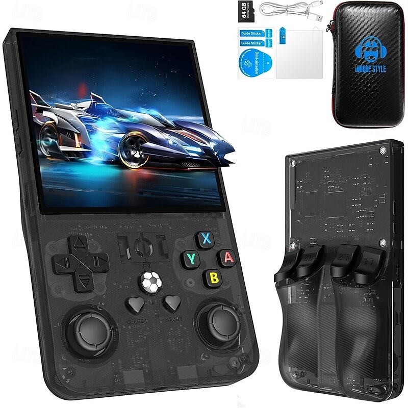 Upgraded R36MAX Handheld Game Console - Dual-Action Joystick USB Charging Rechargeable Lithium Battery Includes 64GB Card Black Carrying Case Perfect for Gaming on the Go Portable Gaming Console