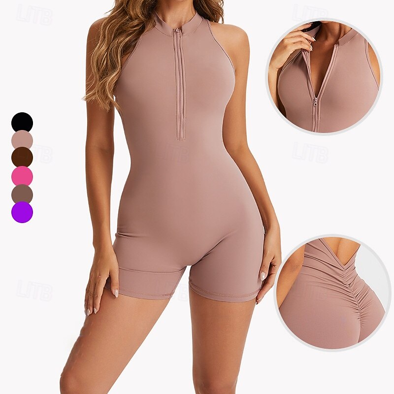 Women's Workout Jumpsuit One Piece Romper Zip Up Solid Color Bodysuit Black Pink Gym Pilates Yoga Tummy Control Sleeveless Sport Activewear Tight Fit - Main Image