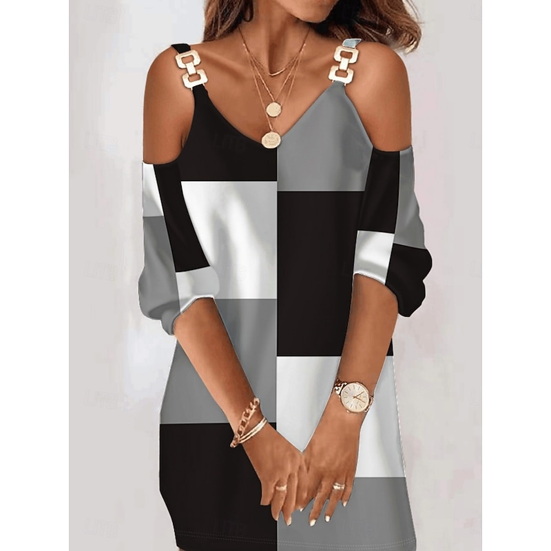 Women's Mini Dress Casual Dress Winter Dress Shift Dress Fashion Modern Daily Beach Weekend Regular Fit Plaid Long Sleeve V Neck Grey Summer Spring Fall Autumn