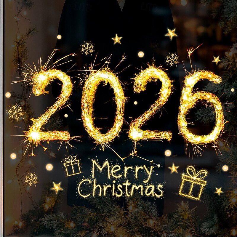 Christmas Window Clings Xmas Wall Sticker 2026 Holiday Decorations Gold Fireworks Effect Reusable Static Clings Non Adhesive Window Stickers Shop Glass Home Seasonal Party Decor2