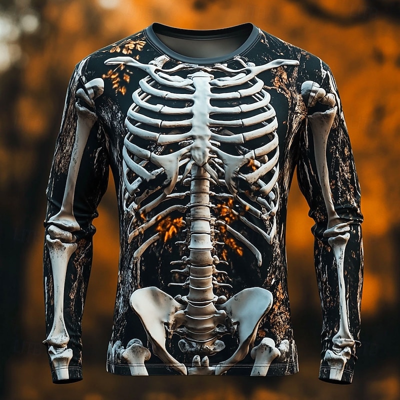 Halloween Day of the Dead Skull Men's 3D Skeleton T Shirt Long Sleeve T shirt 3D Print Crew Neck Shirt Fashion Exaggerated Street Casual Daily Black Summer Spring Fall Clothing Apparel