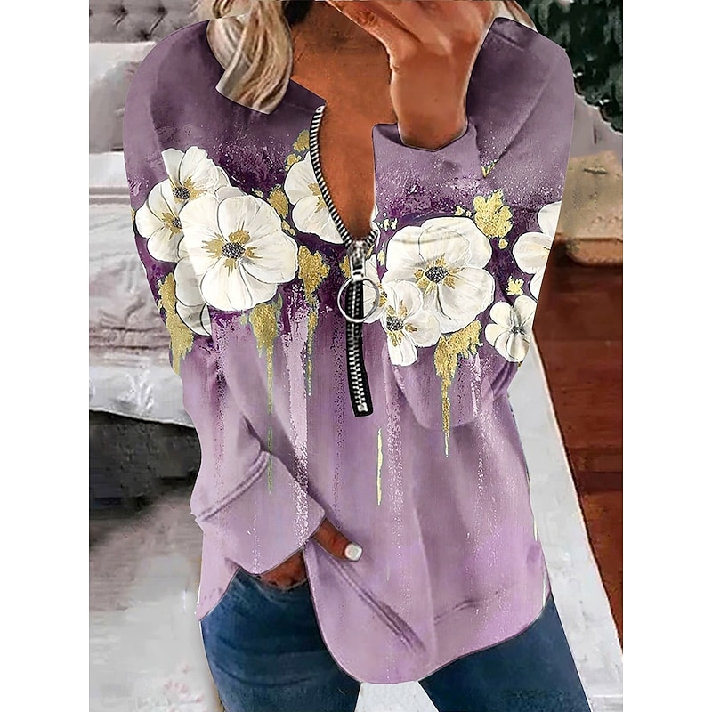 Women's Pullover Sweatshirt Zip Up Sweatshirts Floral Graphic Fashion Casual Long Sleeve Crew Neck Regular Tops Street Dailywear Zipper Print Blue Purple Green Fall Winter4