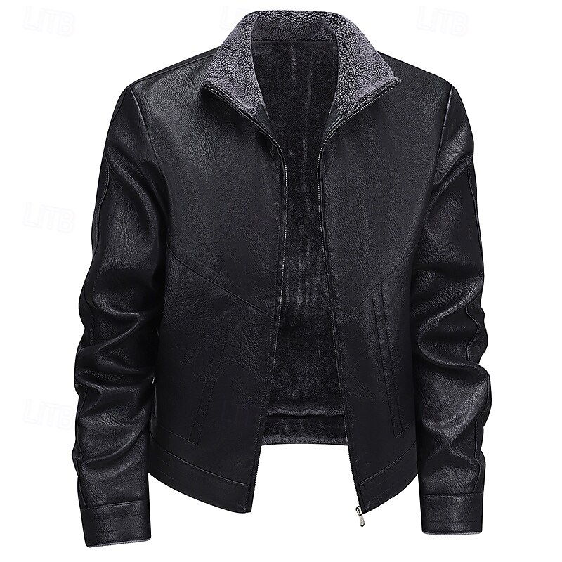 Men's Faux Leather Jacket Fleece Jacket Casual Jacket Outdoor Vacation Warm Zipper Pocket Fall Winter Plain Fashion Streetwear Standing Collar Regular Black Yellow Brown Jacket3