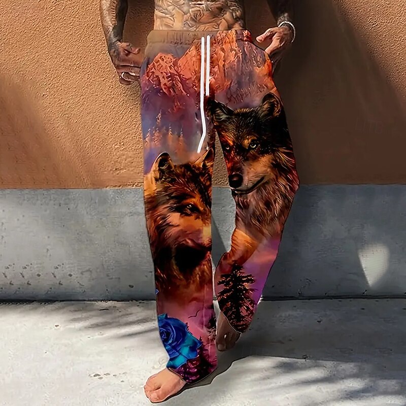 Men's Animal Wolf Trousers Baggy Pants Casual Pants Mid Waist Vintage Retro Outdoor Vacation Elastic Drawstring Waist Linen-Like Pants with Pockets Spring Fall 3D Print Blue Orange2