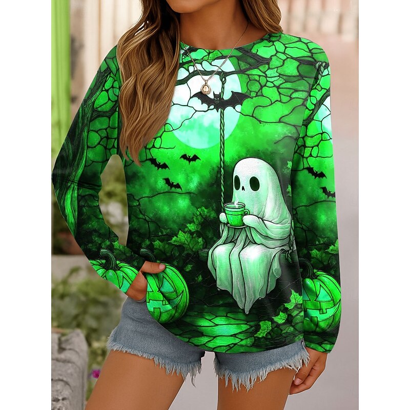 Halloween Women's T shirt Ghost Graphic Vintage Fashion Stylish Long Sleeve Crew Neck Round Neck Regular Tops Weekend Print Blue Purple Orange Green Spring Fall4