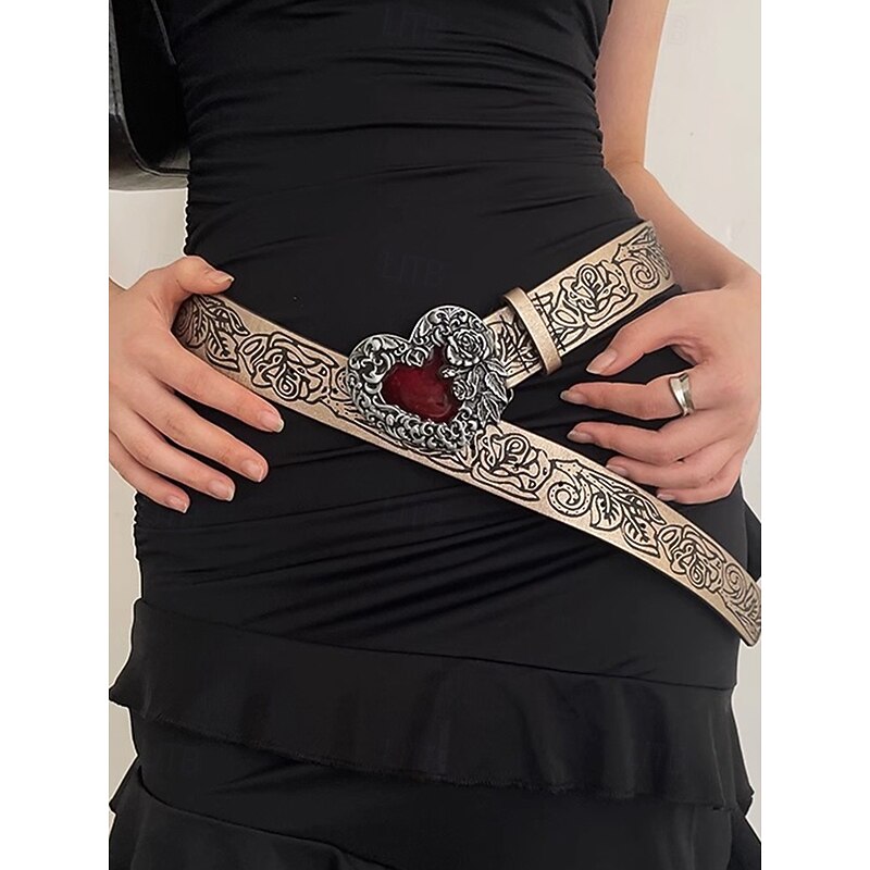 Women's Halloween Gothic Heart Buckle Leather Belt – Vintage Rose Engraved Waist Belt for Costume Party, Cosplay and Night Out