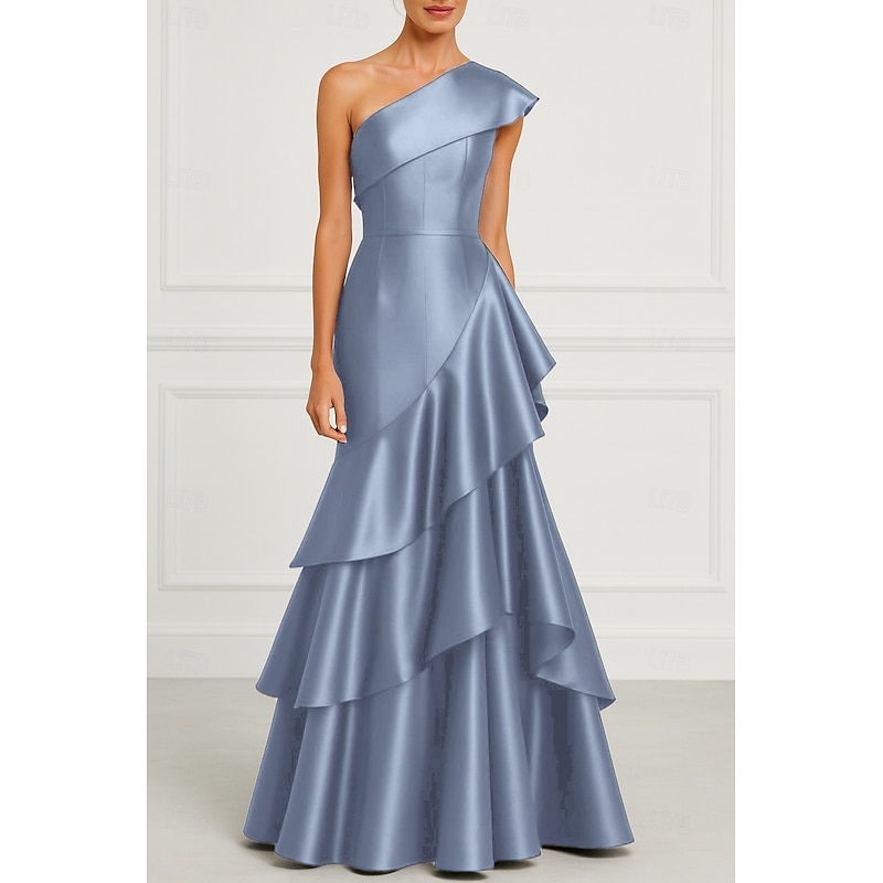 Blue Red A-Line Evening Gown Elegant Dress Formal Wedding Floor Length Sleeveless One Shoulder Satin with Ruffles 20253