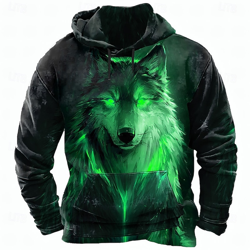 Men's Wolf 3D Print Sweatshirt Cool Party Long Sleeve Crew Neck Club Streetwear Red Blue Drawstring Fall Winter Designer4