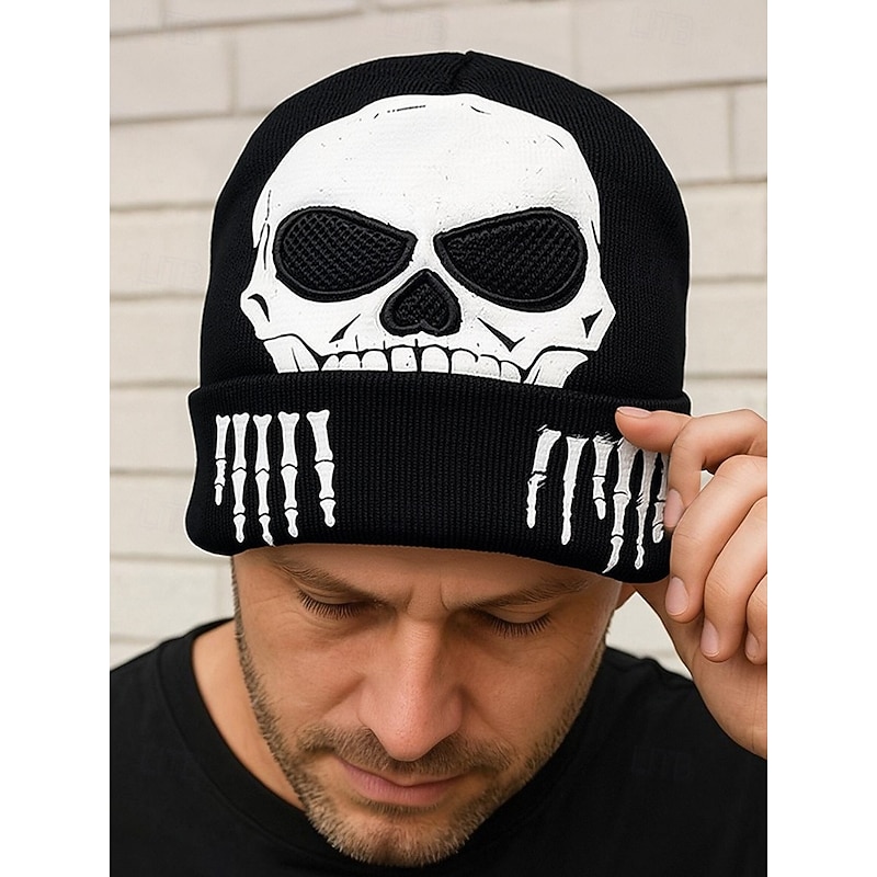 Men's Reflective Skull Beanie – Polyester Knit with Skeleton Print, Glow-in-the-Dark Effect – Perfect for Halloween and Casual Wear