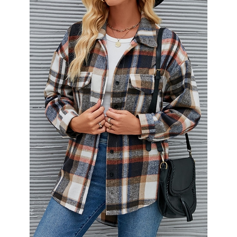 Women's Shirt Jacket Casual Jacket Comfortable Breathable Pocket Buttons Print Casual Plaid Vacation Street Casual Daily Wear Single Breasted Regular Turndown Regular Fit Long Sleeve Outerwear Blue