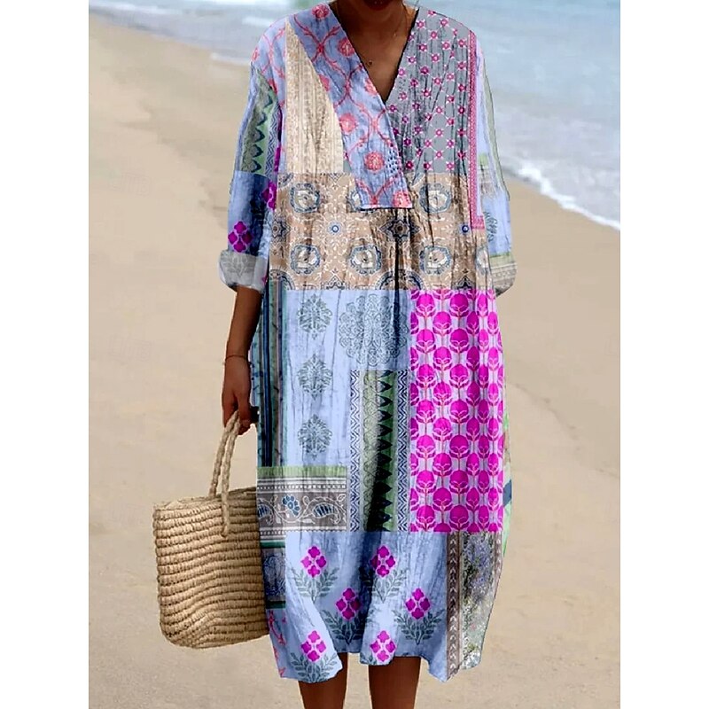 Women's Midi Dress Casual Dress Sundress A Line Dress Vacation Casual Boho Party Holiday Beach Loose Fit Floral Graphic Abstract Long Sleeve V Neck Light Pink Light Green Purple Spring Fall