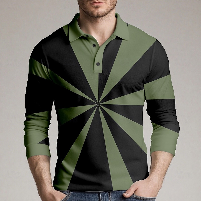 Men's Geometic Polo Long Sleeve Polo Shirts Collared Shirts Casual Outdoor Athleisure 3D Print Spring Fall Winter Blue Brown Army Green4