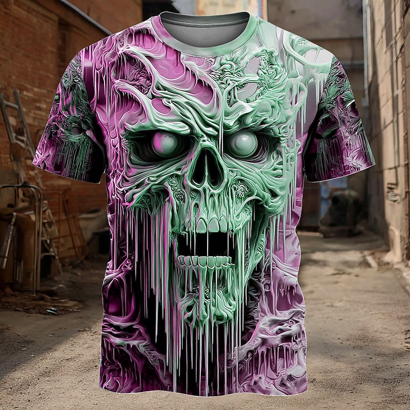 Halloween Men's Optical Illusion Cool Skulls 3D T Shirt Short Sleeve T shirt 3D Print Crew Neck Shirt Exaggerated Designer Horror Party Street Club Blue Purple Orange Summer Spring All Seasons3