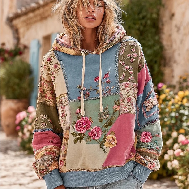 Women's 3D Print Vintage Boho Hoodie Patchwork Hoodie Sweatshirt Floral Pullover Sweatshirt Oversized Long Sleeve Casual Warm Active Hooded Street Dailywear Dark Blue Purple Green Spring Fall Winter