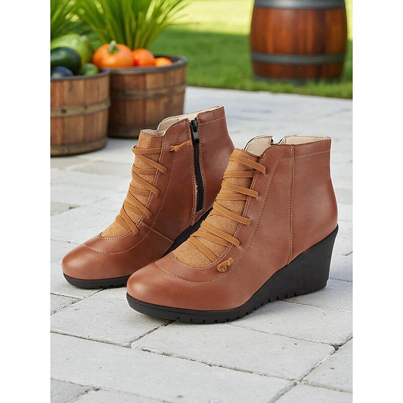 Women's Brown Faux Leather Wedge Ankle Boots with Side Zipper – Casual Comfortable Lace-Up Booties for Work, Shopping and Travel2