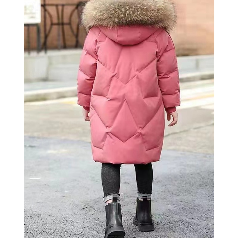 Kids Girls' Down Coat Solid Color Fashion Fur Trim Zipper Pocket School Coat Outerwear 4-12 Years Winter Black Pink Red4