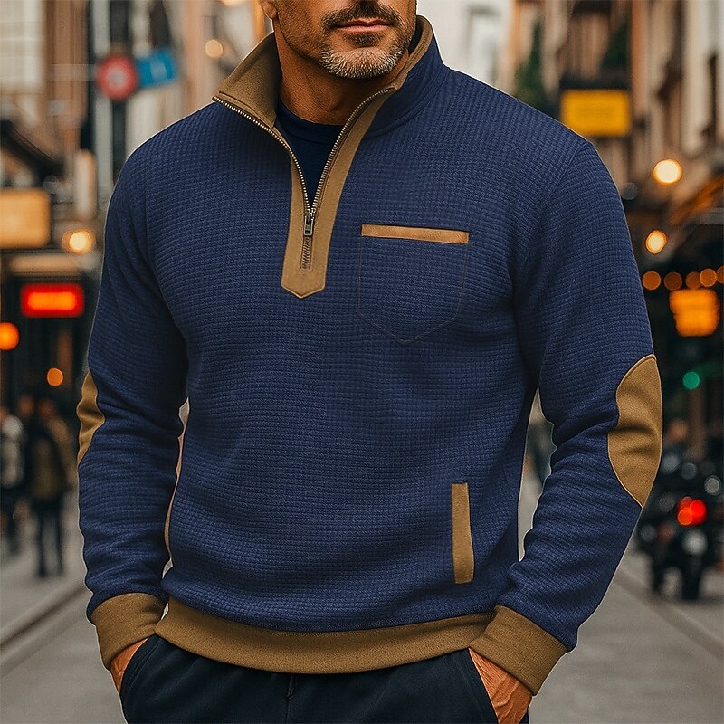Men's Sweatshirt Waffle Sweatshirt Pullover Hoodie Sweatshirt Quarter Zip Sweatshirt Black Navy Blue Standing Collar Plain Patchwork Color Block Sports & Outdoor Casual Daily Active Vintage Cool
