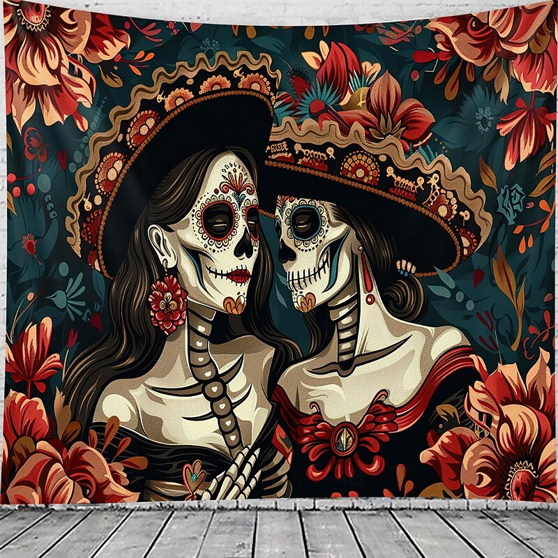 Day of the Dead Tapestry Banners Wall Hangings Skeleton Flower Mexico Dark Punk Gothic Style Party Dorm Shooting Backgrounds Home Decor4