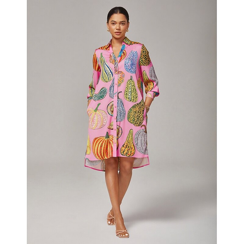 Women's Pumpkin Print Shirt Dress V Neck Loose Fit Asymmetrical Hem Split Design Bold Stylish Fashion Forward Daily Work Party Fall4