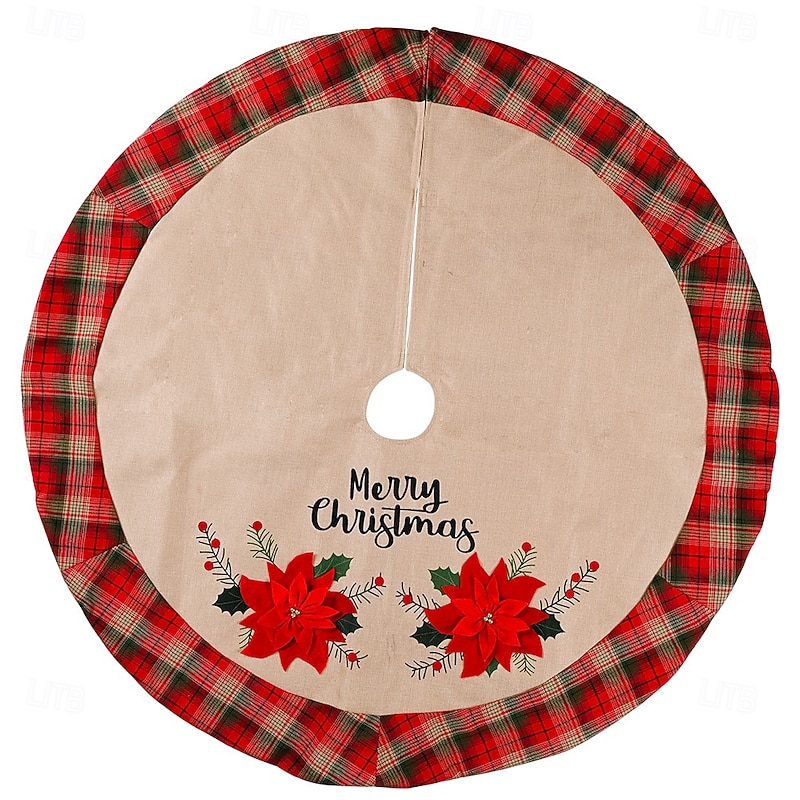 Christmas Tree Skirt Creative Large Red Flower Burlap Design Popular Plaid Tree Skirt Festive Holiday Decoration Perfect Seasonal Christmas Atmosphere Setup3