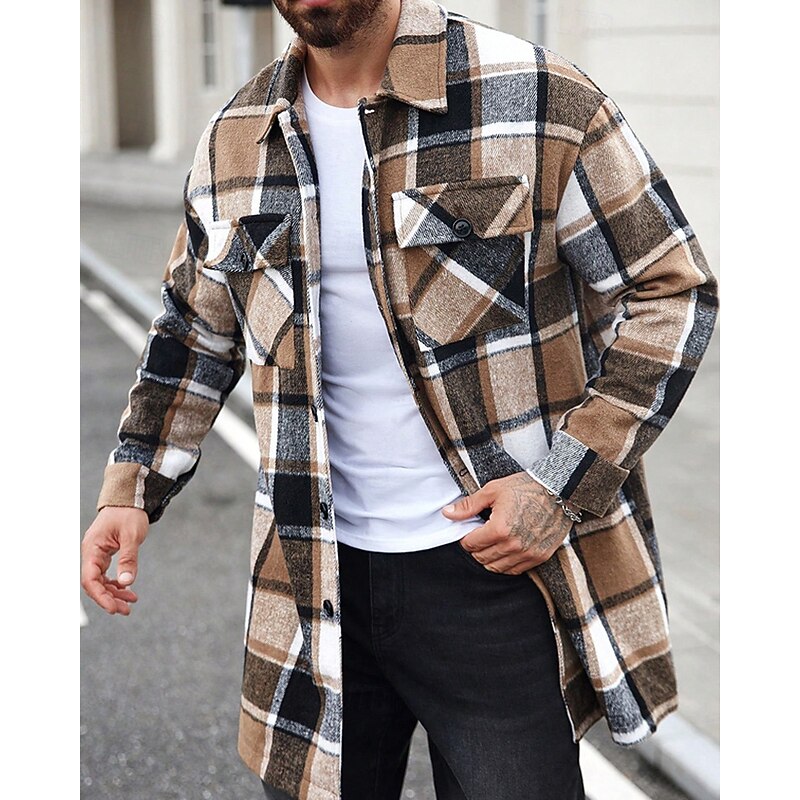 Men's Shacket Shirt Jacket Winter Jacket Plaid Vacation Daily Wear Black Wine Orange Khaki Long Sleeve Lapel Fall Winter Clothing Apparel Pocket4