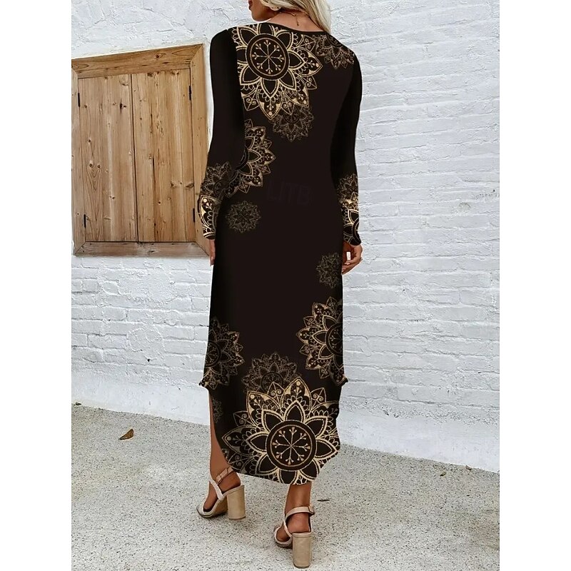 Women's Midi Dress Sheath Dress T Shirt Dress Tee Dress Vacation Casual Boho Holiday Date Regular Fit Graphic Geometric Tribal Long Sleeve Crew Neck Black Spring Fall Winter3