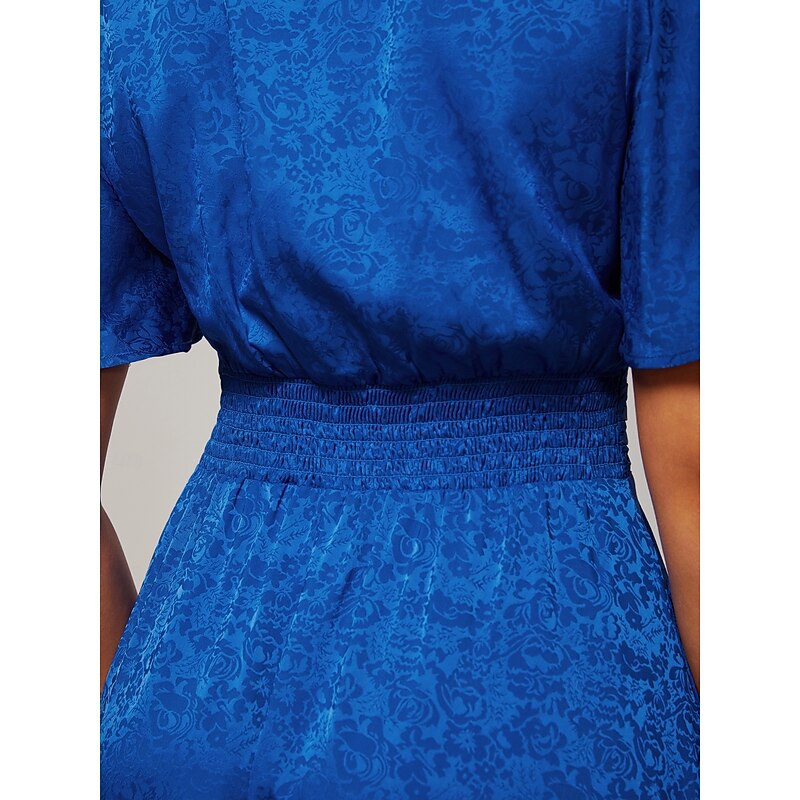 Women's Wedding Guest Royal Blue Maxi Dress V Neck Subtle Jacquard Lustrous Satin Elegant Stylish Noble Waist Cinching Slim Fit Party Daily Fall4