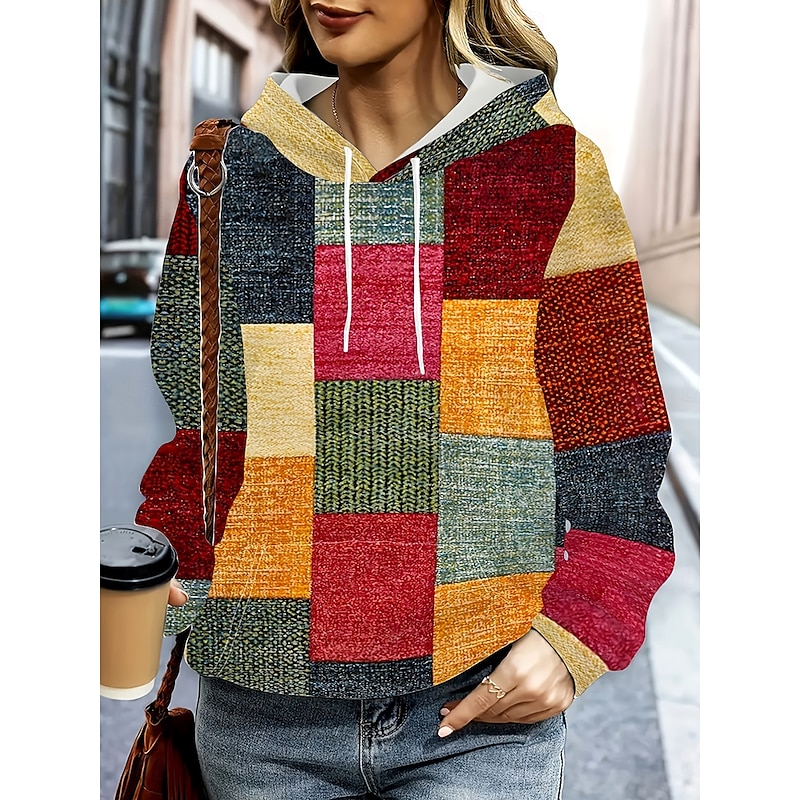 Women's Pullover Hoodie Sweatshirt Graphic Geometric Color Block Fashion Casual Print Long Sleeve Hooded Regular Tops Street Dailywear Drawstring Patchwork Print Maroon Fall Winter