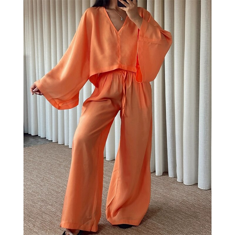 Women's Active Fashion Pants Sets Long Sleeve V Neck Solid Color Patchwork Vacation Casual Daily Black White Pink Summer Regular Fit