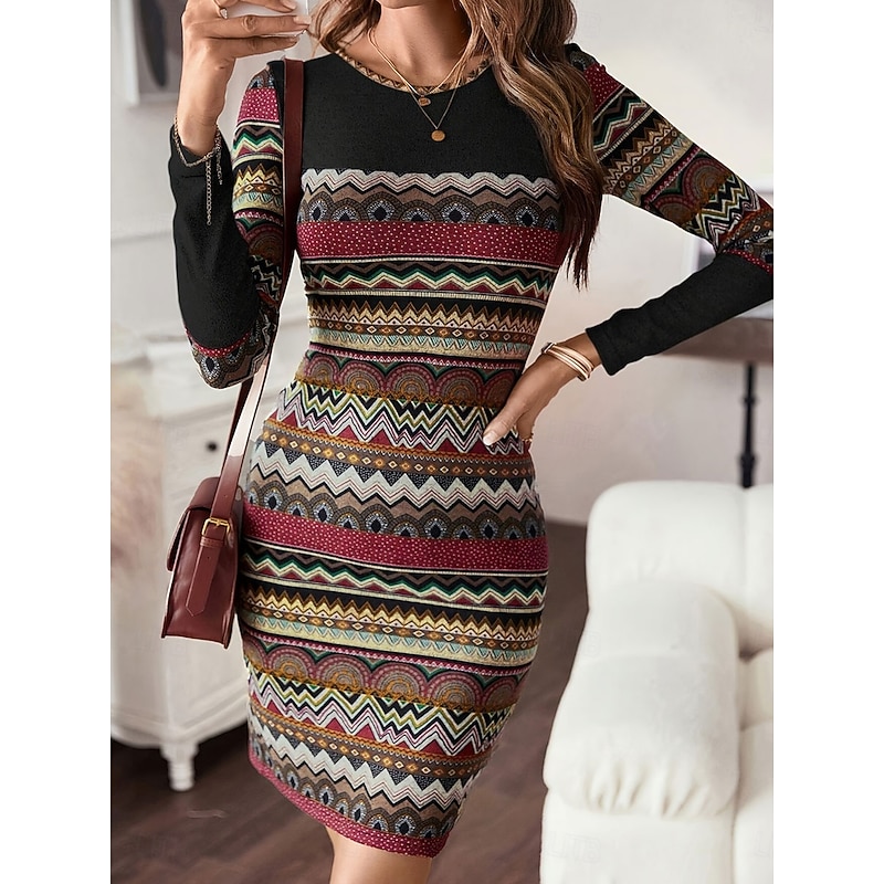 Women's Knee Length Dress Bodycon T Shirt Dress Tee Dress Shift Dress Vacation Casual Holiday Date Slim Fit Graphic Geometric Long Sleeve Crew Neck Red Spring Fall Winter3