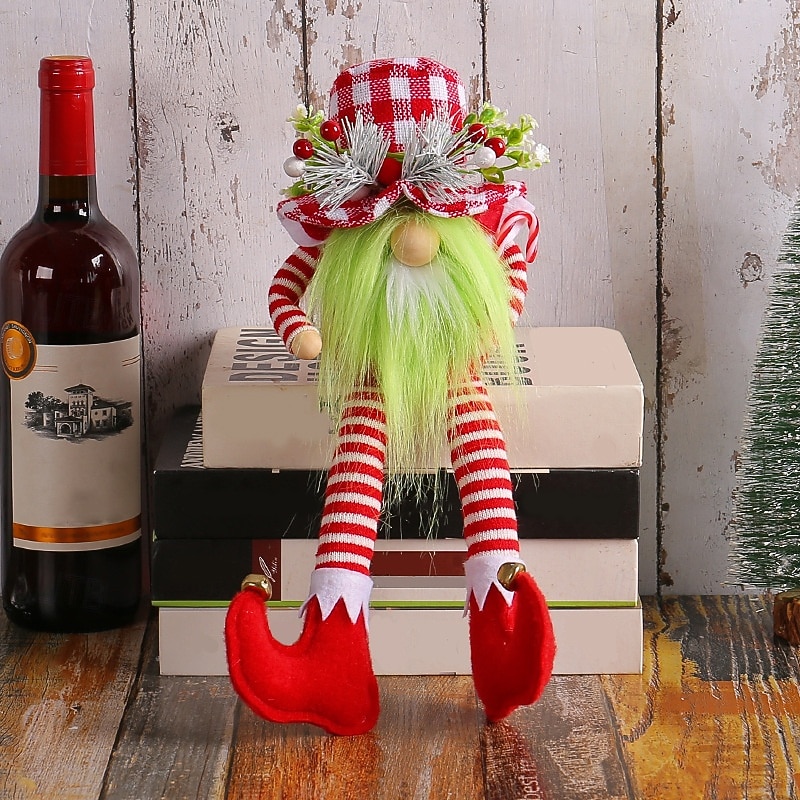 Christmas Cute Long Leg Doll with Green Beard Red White Plaid Hat No Face Plush Home Decoration Festive Holiday Figurine Gift Idea4