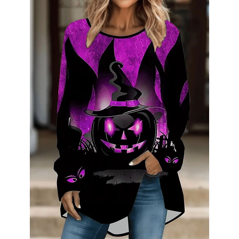 Halloween Women's T shirt Pumpkin Graphic Vintage Stylish Classic Long Sleeve Crew Neck Round Neck Long Tops Daily Print Blue Purple Orange Green Spring Fall3