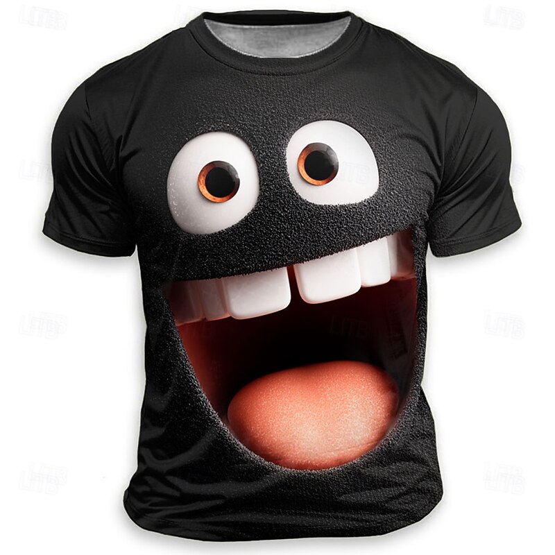 Men's Optical Illusion 3D Funny Emotes T Shirt Short Sleeve T shirt 3D Print Crew Neck Shirt Fashion Exaggerated Designer Party Street Casual Black 4 Black 1 Black 3 Summer Spring All Seasons2